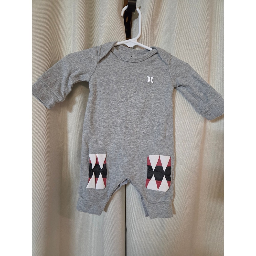 Hurley Baby Boys Gray Shark Graphic Long Sleeve Cotton Romper 0-3M